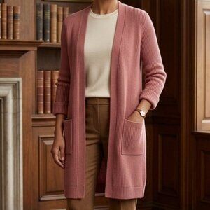 J Jill Rib Knit Open Cardigan Sweater Size XS Dusty Rose Pockets Longline NWT